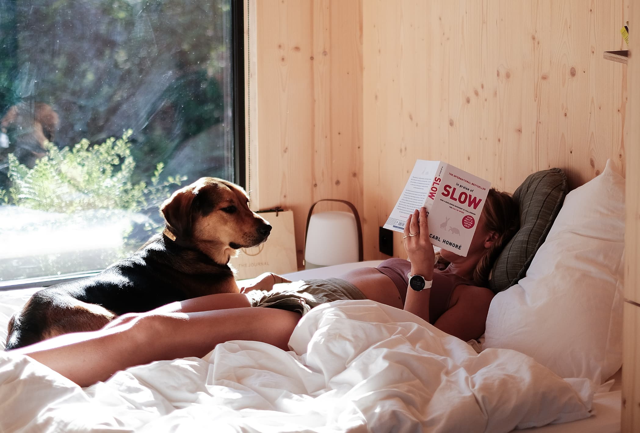 woman reading a book with a dog in bed